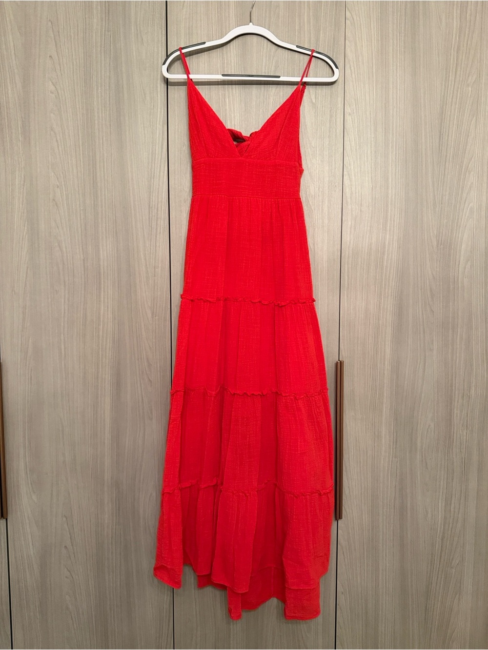 Altar'd State Vibrant Red Tiered Maxi Dress with Spaghetti Straps